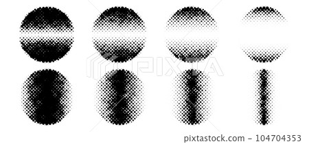 Halftone circle shapes with linear fading gradient. Dotted textured round forms collection in comic pop art style. Black spotted design elements bundle. Rasterized pixelated background pack. Vector 104704353