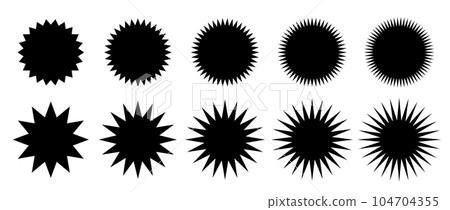 Zig zag edge circle shape set. Jagged round elements collection. Graphic design elements for decoration, banner, poster, template, sticker, badge. Vector 104704355