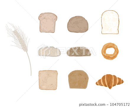 矢量插圖集：各種麵包、白麵包、甜甜圈、黑麥麵包、羊角麵包 104705172