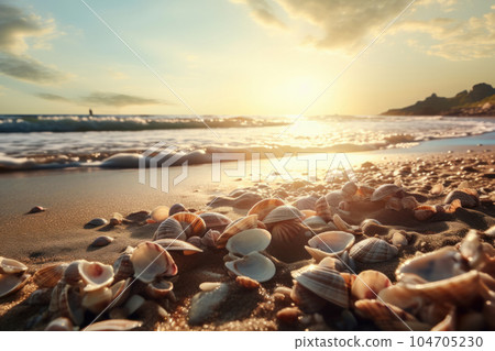 The natural beauty of seashells on a beach creates an exotic scenery. The tropical weather and beauty of nature make for a perfect vacation spot. AI Generative. 104705230