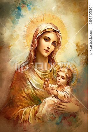 Photo illustration of the Orthodox Mother of God Virgin Mary with the baby biblical picture AI 104705304
