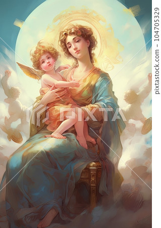 Photo illustration of the Orthodox Mother of God Virgin Mary with the baby biblical picture AI 104705329