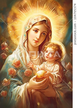 Photo illustration of the Orthodox Mother of God Virgin Mary with the baby biblical picture AI Photo illustration of the Orthodox Mother of God Virgin Mary with the baby biblical picture AI 104705374