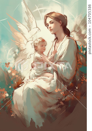 Photo illustration of the Orthodox Mother of God Virgin Mary with the baby biblical picture AI Photo illustration of the Orthodox Mother of God Virgin Mary with the baby biblical picture AI 104705386