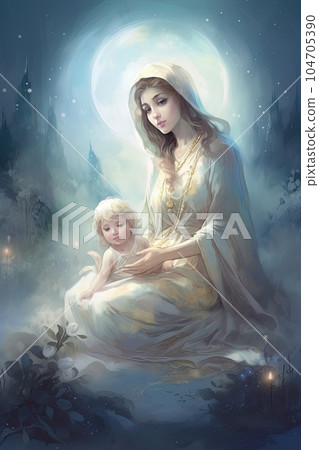 Photo illustration of the Orthodox Mother of God Virgin Mary with the baby biblical picture AI Photo illustration of the Orthodox Mother of God Virgin Mary with the baby biblical picture AI 104705390