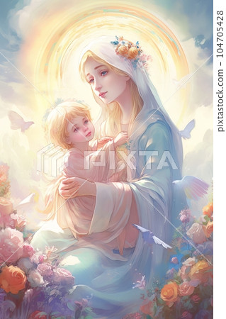 Photo illustration of the Orthodox Mother of God Virgin Mary with the baby biblical picture AI 104705428