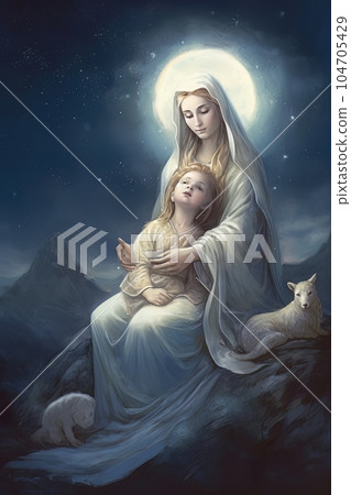 Photo illustration of the Orthodox Mother of God Virgin Mary with the baby biblical picture AI 104705429