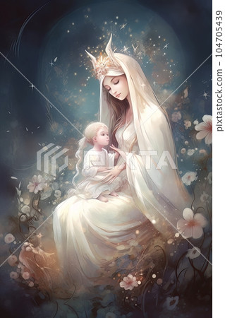 Photo illustration of the Orthodox Mother of God Virgin Mary with the baby biblical picture AI 104705439