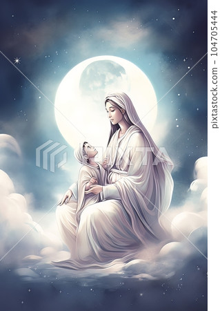 Photo illustration of the Orthodox Mother of God Virgin Mary with the baby biblical picture AI 104705444