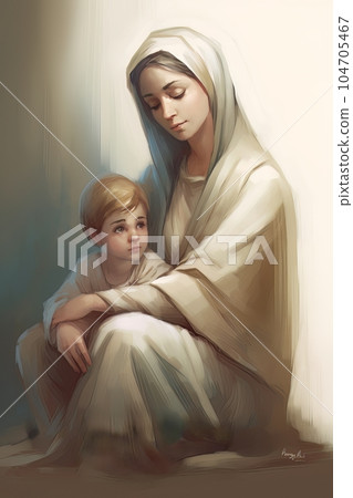 Photo illustration of the Orthodox Mother of God Virgin Mary with the baby biblical picture AI 104705467