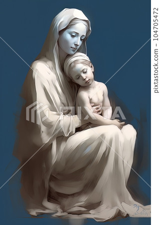 Image of the statue of the Orthodox Virgin Mary with the baby AI Image of the statue of the Orthodox Virgin Mary with the baby AI 104705472