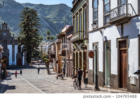 Teror at Gran Canaria, Spain. A beautiful traditional town with colorful houses 104705488