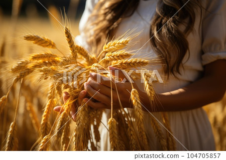 Woman holds an ear of golden wheat. Rural scene. Generative AI 104705857