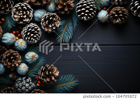 Christmas decoration with pine cones. Christmas background with space for text. Generative AI 104705872