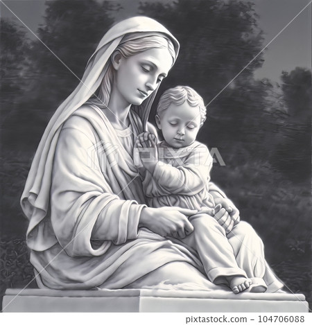 Graphic drawing of the statue of the Orthodox Virgin Mary with the baby AI 104706088