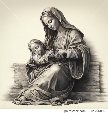 Graphic drawing of the statue of the Orthodox Virgin Mary with the baby AI Graphic drawing of the statue of the Orthodox Virgin Mary with the baby AI 104706092