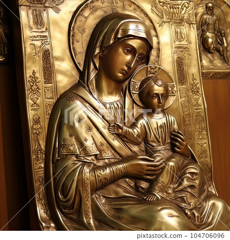 Traditional Orthodox icon of the Virgin Mary with the Child AI Traditional Orthodox icon of the Virgin Mary with the Child AI 104706096