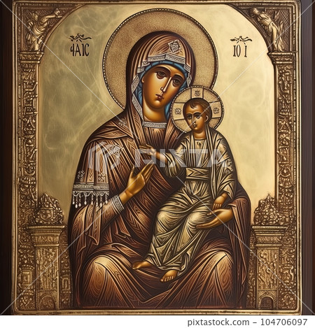 Traditional Orthodox icon of the Virgin Mary with the Child AI Traditional Orthodox icon of the Virgin Mary with the Child AI 104706097
