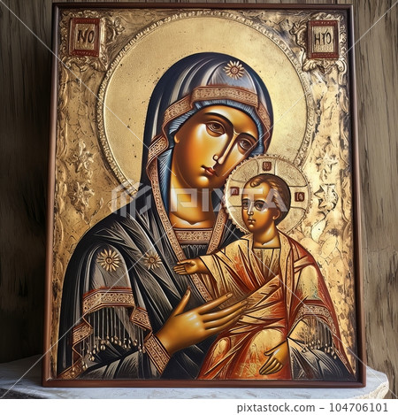 Traditional Orthodox icon of the Virgin Mary with the Child AI 104706101