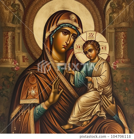 Traditional Orthodox icon of the Virgin Mary with the Child AI Traditional Orthodox icon of the Virgin Mary with the Child AI 104706118