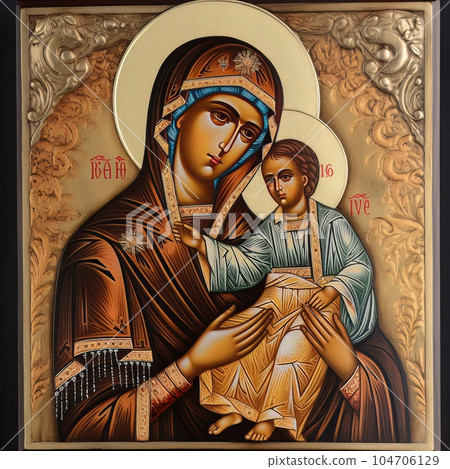 Traditional Orthodox icon of the Virgin Mary with the Child AI Traditional Orthodox icon of the Virgin Mary with the Child AI 104706129