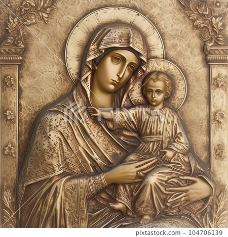 Traditional Orthodox icon of the Virgin Mary with the Child AI Traditional Orthodox icon of the Virgin Mary with the Child AI 104706139