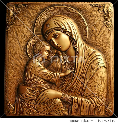Traditional Orthodox icon of the Virgin Mary with the Child AI Traditional Orthodox icon of the Virgin Mary with the Child AI 104706140
