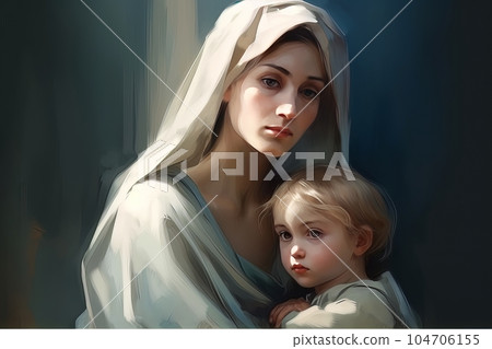 Photo illustration of the Orthodox Mother of God Virgin Mary with the baby biblical picture AI 104706155