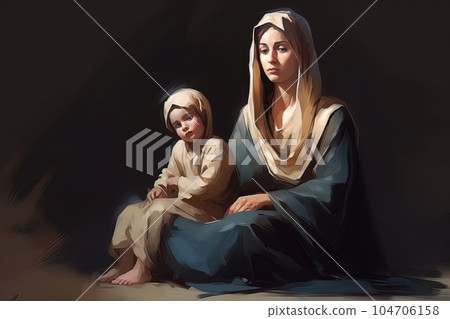 Photo illustration of the Orthodox Mother of God Virgin Mary with the baby biblical picture AI 104706158