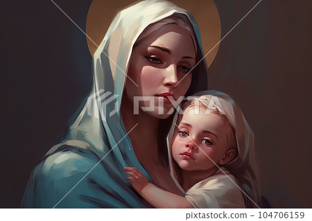 Photo illustration of the Orthodox Mother of God Virgin Mary with the baby biblical picture AI 104706159