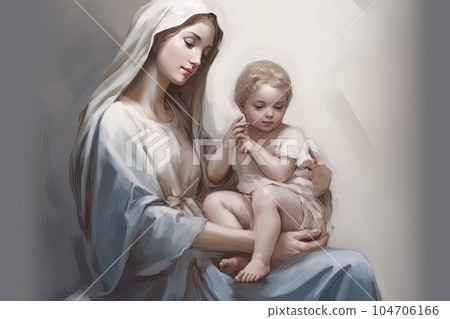 Photo illustration of the Orthodox Mother of God Virgin Mary with the baby biblical picture AI 104706166
