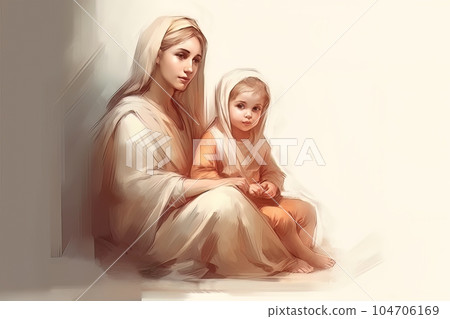 Photo illustration of the Orthodox Mother of God Virgin Mary with the baby biblical picture AI 104706169