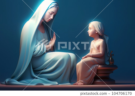 Photo illustration of the Orthodox Mother of God Virgin Mary with the baby biblical picture AI 104706170
