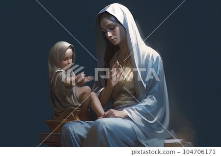 Photo illustration of the Orthodox Mother of God Virgin Mary with the baby biblical picture AI 104706171