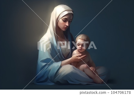 Photo illustration of the Orthodox Mother of God Virgin Mary with the baby biblical picture AI 104706178