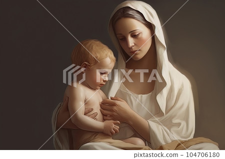 Photo illustration of the Orthodox Mother of God Virgin Mary with the baby biblical picture AI 104706180
