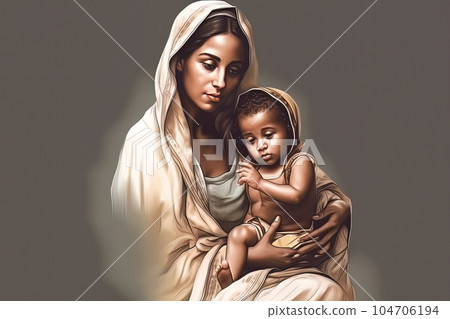 Photo illustration of the dark skinned Mother of God Virgin Mary with the baby biblical picture AI 104706194