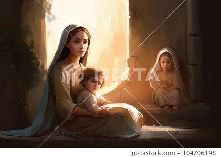 Photo illustration of the Orthodox Mother of God Virgin Mary with the baby biblical picture AI 104706198