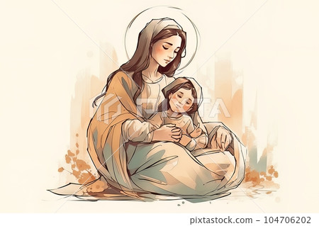 Photo illustration of the Orthodox Mother of God Virgin Mary with the baby biblical picture AI 104706202