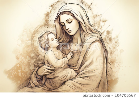 Graphic drawing of the statue of the Orthodox Virgin Mary with the baby AI Graphic drawing of the statue of the Orthodox Virgin Mary with the baby AI 104706567