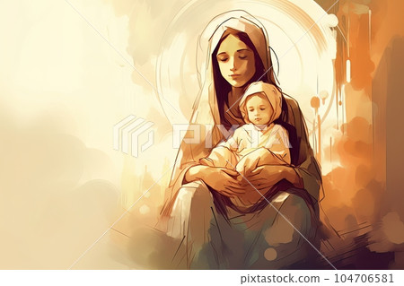Photo illustration of the Orthodox Mother of God Virgin Mary with the baby biblical picture AI 104706581