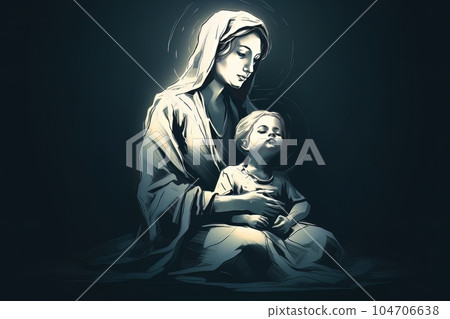 Photo illustration of the Orthodox Mother of God Virgin Mary with the baby biblical picture AI 104706638