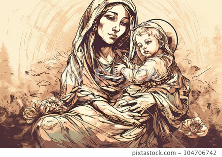Photo illustration of the Orthodox Mother of God Virgin Mary with the baby biblical picture AI 104706742