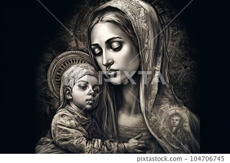Photo illustration of the Orthodox Mother of God Virgin Mary with the baby biblical picture AI 104706745