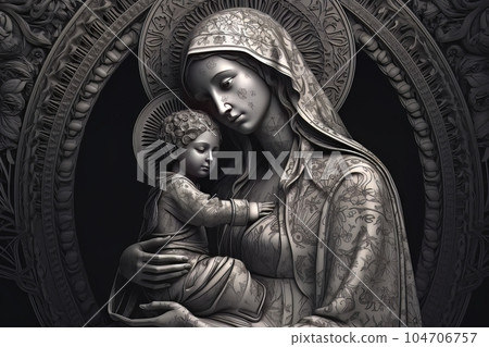 Photo illustration of the Orthodox Mother of God Virgin Mary with the baby biblical picture AI 104706757