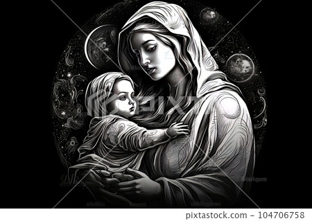 Photo illustration of the Orthodox Mother of God Virgin Mary with the baby biblical picture AI 104706758