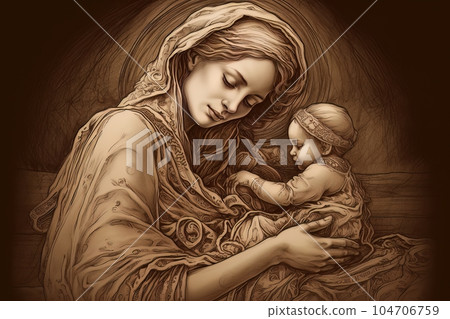 Photo illustration of the Orthodox Mother of God Virgin Mary with the baby biblical picture AI 104706759