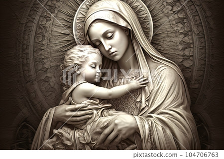 Photo illustration of the Orthodox Mother of God Virgin Mary with the baby biblical picture AI 104706763