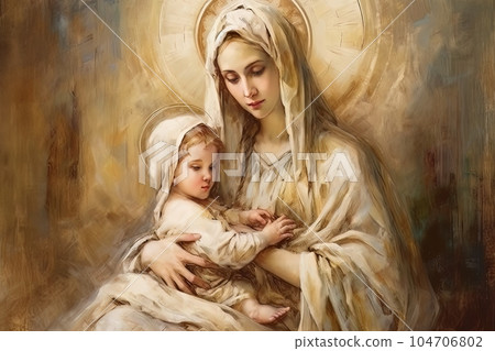 Photo illustration of the Orthodox Mother of God Virgin Mary with the baby biblical picture AI Photo illustration of the Orthodox Mother of God Virgin Mary with the baby biblical picture AI 104706802