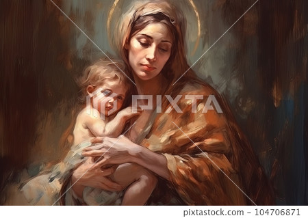 Photo illustration of the Orthodox Mother of God Virgin Mary with the baby biblical picture AI 104706871